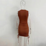 Getadme 섹시 레이스업 드로스트링 폴드 니트 슬림 바디콘 드레스 여성 민소매 솔리드 컬러 스키니 드레스 우아한 클럽 파티 베스디소