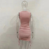 Getadme 섹시 레이스업 드로스트링 폴드 니트 슬림 바디콘 드레스 여성 민소매 솔리드 컬러 스키니 드레스 우아한 클럽 파티 베스디소