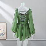 Women Sexy Chiffon Green Ruffles Split Dress V-neck Long Sleeve A Line Mini Dresses 2025 Female Holiday Beach Vacation Vestidos