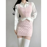 Getadme Autumn Elegant Vintage Knitted Suits Women Even Party Clothing Korean 3 Piece Dress Set Office Lady Sweater Vest + Mini Skirt