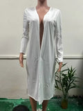 2025 New Solid Color Pullover V-Neck Beach Resort Elegant Long Dress Loose Sleeve Cardigan Casual Two Piece Se t