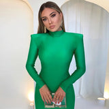 Hugcitar Solid Long Sleeve With Shoulder Pads Turtleneck Maxi Dress 2024 New Year Women Fashion Streetwear Elegant Skinny