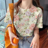 Women's Flower T-shirt Fashion Crew Neck Clothing Casual Comfort Short Sleeved Summer Loose Breathable Top Women's T-shirt