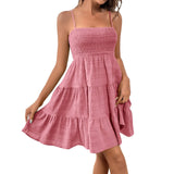 GETADME-보헤미안 비치 선드레스 여성 섹시 민소매 백리스 빅 스윙 미니 드레스 솔리드 스파게티 스트랩 러플 드레스 베스티도