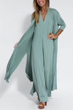 2025 New Solid Color Pullover V-Neck Beach Resort Elegant Long Dress Loose Sleeve Cardigan Casual Two Piece Se t
