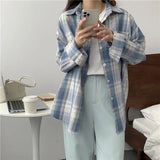 GETADME-Casual Long Sleeves Autumn Blouse Korean Mid Length Loose Women Winter Plaid Shirt Female Fashion Turn Down Collar Tops