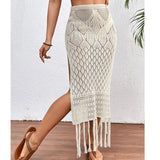 GETADME-Women Knitted Texture Sarong Skirts Sexy High Slit Tassel Cover-Up Beach Summer Vacation Wrapped Skirt Bikini Cover Up