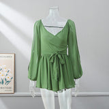 Women Sexy Chiffon Green Ruffles Split Dress V-neck Long Sleeve A Line Mini Dresses 2025 Female Holiday Beach Vacation Vestidos