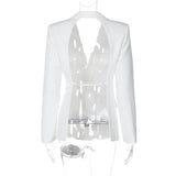 GETADME-Sexy Backless Blazers Coat Women White Lapel Hidden Buckle Long Sleeve Pocket Coats Female 2025 Summer Lady Outwear