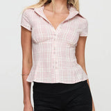 GETADME-hirigin Women's Y2K Short Sleeve Plaid Button Down Shirt Button Down Blouses Tops Casual Summer Shirt Tops 90s Streetwear