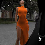 Getadme Y2k Sleeveless Orange Midi Women's Dresses Side Slit Turtleneck Setting Bodycon Sexy Party Elegant Dress 2025 Basic Vintage Robe