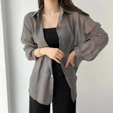 GETADME-Women Shirt Long Sleeve Top Blouse Female Chiffon Loose Summer Cardigan Thin Sexy Solid Color Casual Shirt Outerwear Прозрачная