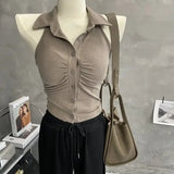 GETADME-Women's Short Sleeveless Polo Collar Slim Fit Shirt V-neck Hong Kong Style Outerwear Summer Wear Folded Collar Single Button