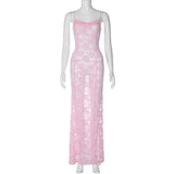 GETADME-Dulzura See Through Ruffled Patchwork Lace Cami Maxi Dress Sleeveless Sexy Long Dress Party Club  Autumn Y2K