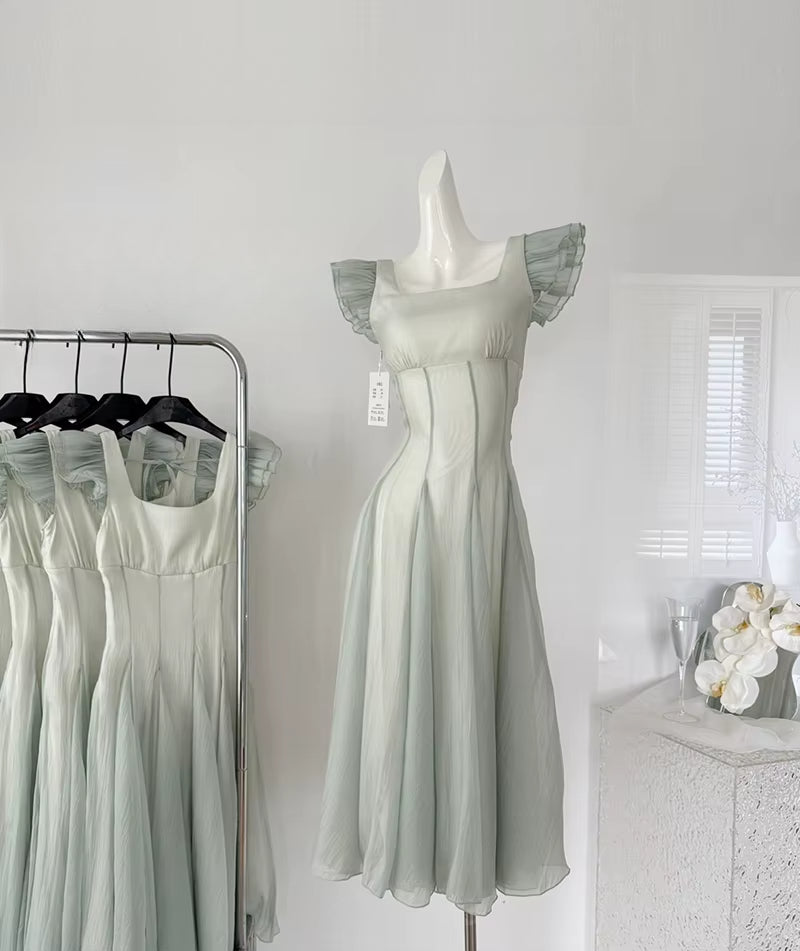 GETADME Bomon French Elegant Princess Fairy Women's Long Dress Mint Green Skirt Swing Evening Dress Casual Romantic Fashion Waist Dress