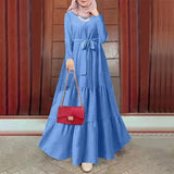 Cross-Border Muslim Solid Color Round Neck Long Sleeve Fashionable Dress With Belt Kaftan Style Casual Ethnic Wear