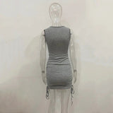 Getadme 섹시 레이스업 드로스트링 폴드 니트 슬림 바디콘 드레스 여성 민소매 솔리드 컬러 스키니 드레스 우아한 클럽 파티 베스디소