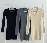 Getadme Women Knit Slim Sexy Bodycon Dress V-Neck Long Sleeve Dress Solid Casual Midi Sweater Dress For Women Autumn Winter