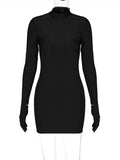 Solid Long Sleeve With Gloves Mini Dress Bodycon Sexy Streetwear Party Half Turtleneck Outfits Y2K Clothes Wholesale