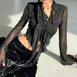 GETADME-Long Flare Sleeve Blouses for Women Lace-up Mesh Sexy Sweet Hot Girls Korean Fashion Style All-match Solid Design Elegant Casual