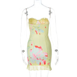 GETADME-Hugcitar 플로럴 프린트 러플 스트랩리스 우아하고 섹시하며 슬림한 귀여운 미니 드레스 여름 여성 패션 의상 해변 축제 생일