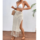 GETADME-Women Knitted Texture Sarong Skirts Sexy High Slit Tassel Cover-Up Beach Summer Vacation Wrapped Skirt Bikini Cover Up