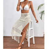 GETADME-Women Knitted Texture Sarong Skirts Sexy High Slit Tassel Cover-Up Beach Summer Vacation Wrapped Skirt Bikini Cover Up
