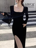 여성용 섹시 사이드 슬릿 드레스, 몸에 꼭 맞는 랩 힙 오버니 긴팔 드레스, 블랙 스트리트 바디콘 봄 가을