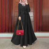 Cross-Border Muslim Solid Color Round Neck Long Sleeve Fashionable Dress With Belt Kaftan Style Casual Ethnic Wear