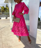 패션 스탠드 칼라 레이스 드레스 프렌치 퍼프 롱 슬리브 타이트 드레스 홀로우 아웃 우아한 베스디소드 캐주얼 파티 생일 스커트 