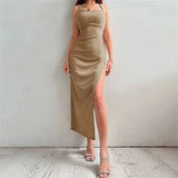 Getadme 섹시 블랙 롱 바디콘 드레스 여성 여름 민소매 블랙리스 홀터넥 스파게티 스트랩 드레스 하이 스플릿 베스디소