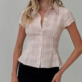 GETADME-hirigin Women's Y2K Short Sleeve Plaid Button Down Shirt Button Down Blouses Tops Casual Summer Shirt Tops 90s Streetwear
