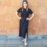 Getadme 여름 한국 스타일 미디 드레스 여성 캐주얼 블랙 롱 드레스 반팔 섹시 플러스 사이즈 사이드 오픈 파티 맥시 티셔츠 드레스