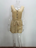 Women's Casual V-neck Monochromatic Jumpsuit, Five-Point Shorts, European and American, Summer, New, 2024