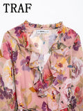 TRAF Womens Dresses Flower Print Elegant Short Dress Spring 2025 New Ruffles Mini Dress Women Long Sleeve Evening Party Dresses