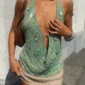 Getadme hirigin Sexy Glitter Sequin Tank Tops Women Y2K Fashion Deep V-neck Hollow Out Cropped Tops Tee Summer New Backless Beach Tops