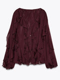 GETADME fashion women v neck ruffles lantern long sleeve shirt elegant solid mesh single breasted blouse 2025 commute high street outfit