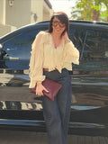 GETADME fashion women v neck ruffles lantern long sleeve shirt elegant solid mesh single breasted blouse 2025 commute high street outfit