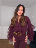 GETADME fashion women v neck ruffles lantern long sleeve shirt elegant solid mesh single breasted blouse 2025 commute high street outfit