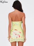 GETADME-Hugcitar 플로럴 프린트 러플 스트랩리스 우아하고 섹시하며 슬림한 귀여운 미니 드레스 여름 여성 패션 의상 해변 축제 생일