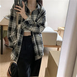 GETADME-Casual Long Sleeves Autumn Blouse Korean Mid Length Loose Women Winter Plaid Shirt Female Fashion Turn Down Collar Tops