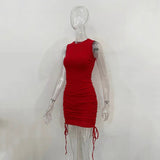 Getadme 섹시 레이스업 드로스트링 폴드 니트 슬림 바디콘 드레스 여성 민소매 솔리드 컬러 스키니 드레스 우아한 클럽 파티 베스디소