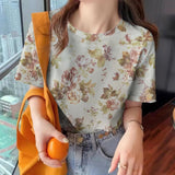 Women's Flower T-shirt Fashion Crew Neck Clothing Casual Comfort Short Sleeved Summer Loose Breathable Top Women's T-shirt