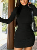 유럽과 미국 최신 봄 가을 터틀넥 롱 슬리브 타이트 백 힙 기질 원피스