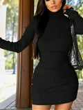 유럽과 미국 최신 봄 가을 터틀넥 롱 슬리브 타이트 백 힙 기질 원피스
