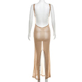 Getadme 섹시 딥 오픈 백 백리스 바디콘 핫 골드 컬러 롱 드레스 여성 사이드 스플릿 비치 맥시 드레스 우아한 클럽 파티 베스디소