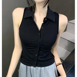 GETADME-Women's Short Sleeveless Polo Collar Slim Fit Shirt V-neck Hong Kong Style Outerwear Summer Wear Folded Collar Single Button