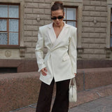 GETADME-Sexy Backless Blazers Coat Women White Lapel Hidden Buckle Long Sleeve Pocket Coats Female 2025 Summer Lady Outwear