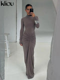 GETADME kliou Shirring Women Classic Maxi Dress Autumn New Solid Long Sleeve High Collar Body-shaping Vestidos Mujer Concise Trend Robe