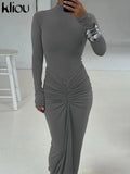 GETADME kliou Shirring Women Classic Maxi Dress Autumn New Solid Long Sleeve High Collar Body-shaping Vestidos Mujer Concise Trend Robe
